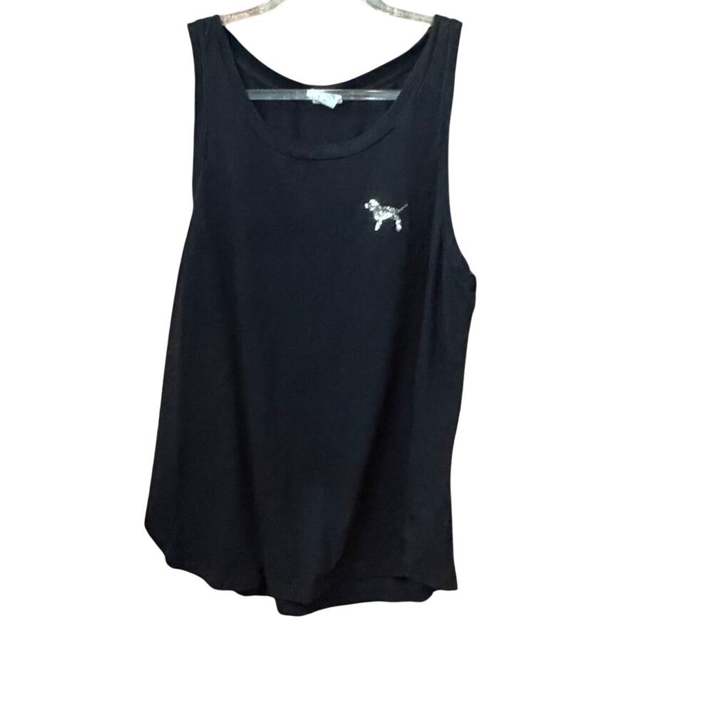 Pink Victoria's Secret Black Sequin Dog Logo Tank Size Large Casual Y2K